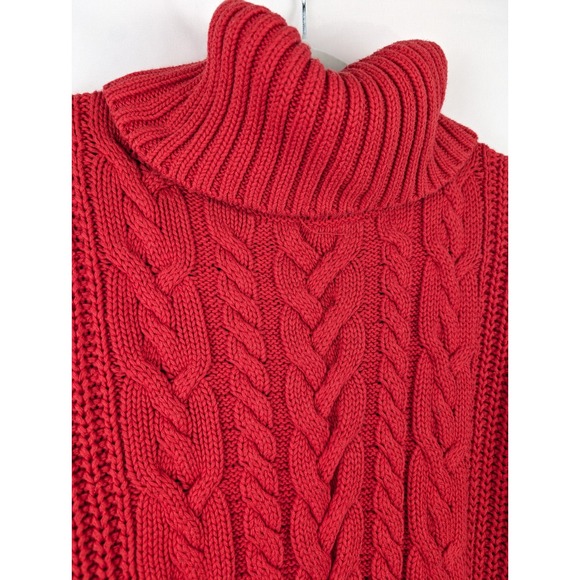 Heavy Cotton Red Cable Knit Chunky Turtleneck Sweater XL Cottagecore Fisherman - Picture 5 of 10
